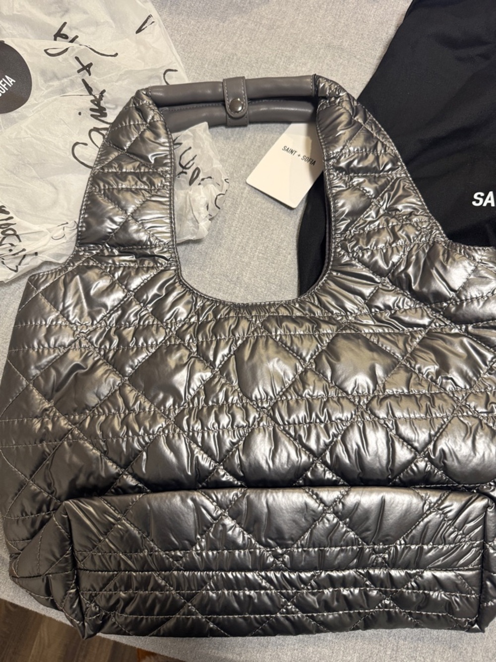 Saint + Sofia Metallic Silver Quilted Tote Bag